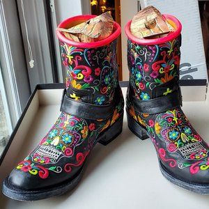 Old Gringo Sugar Skull Embroidered Black Biker Boots